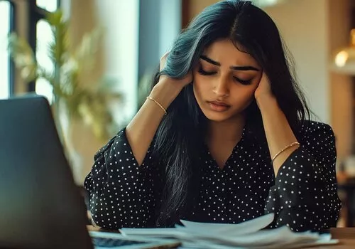 Overwhelmed woman at her desk